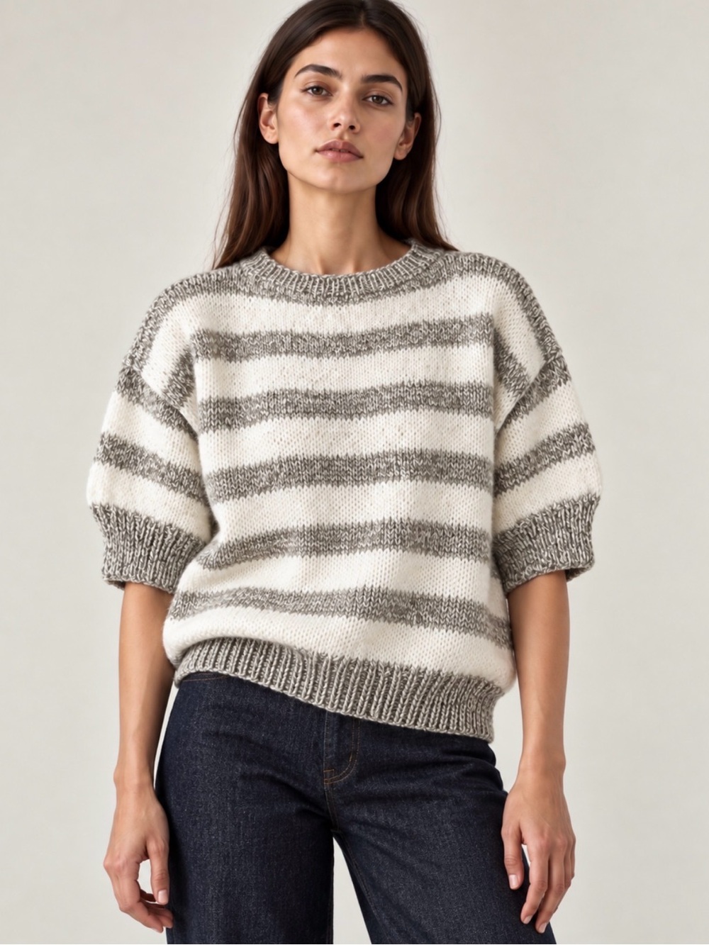 Handmade Grey White Striped Chunky Knit Sweater Oversized S M L